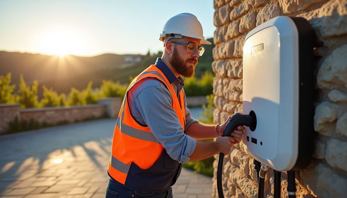 Électricien IRVE en train d'installer une borne de recharge sur un parking privé à Bessan