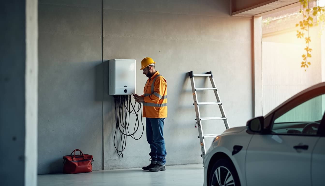 Électricien IRVE en train d'installer une borne électrique dans un garage à Oberbronn