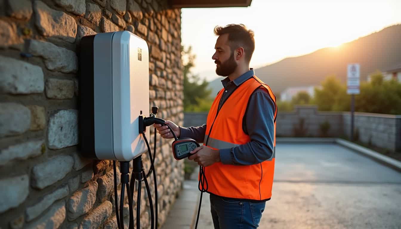 Électricien IRVE testant une installation de borne de recharge à Dompaire