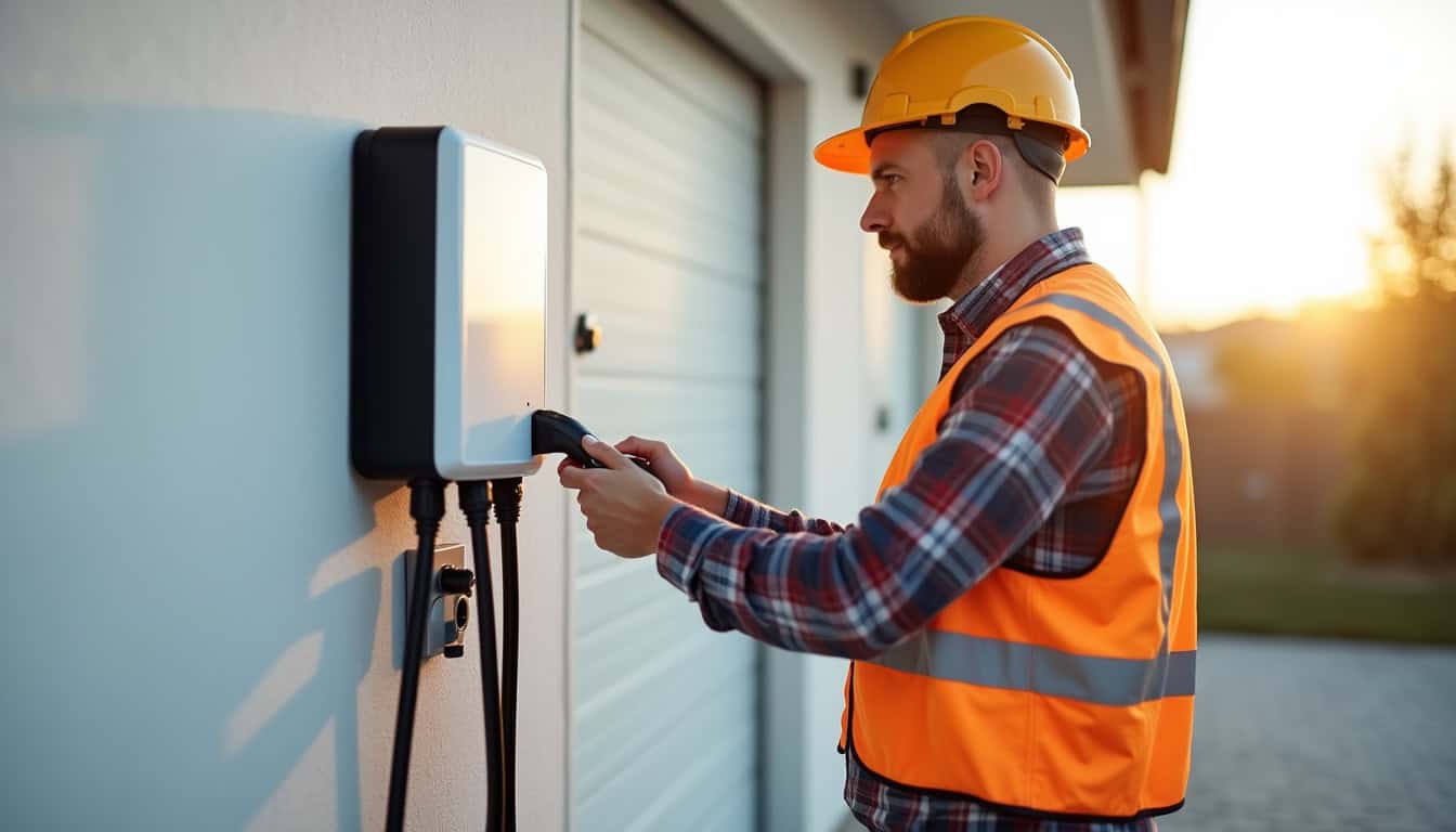 Électricien professionnel en train de poser une borne de recharge pour véhicule électrique à Isle