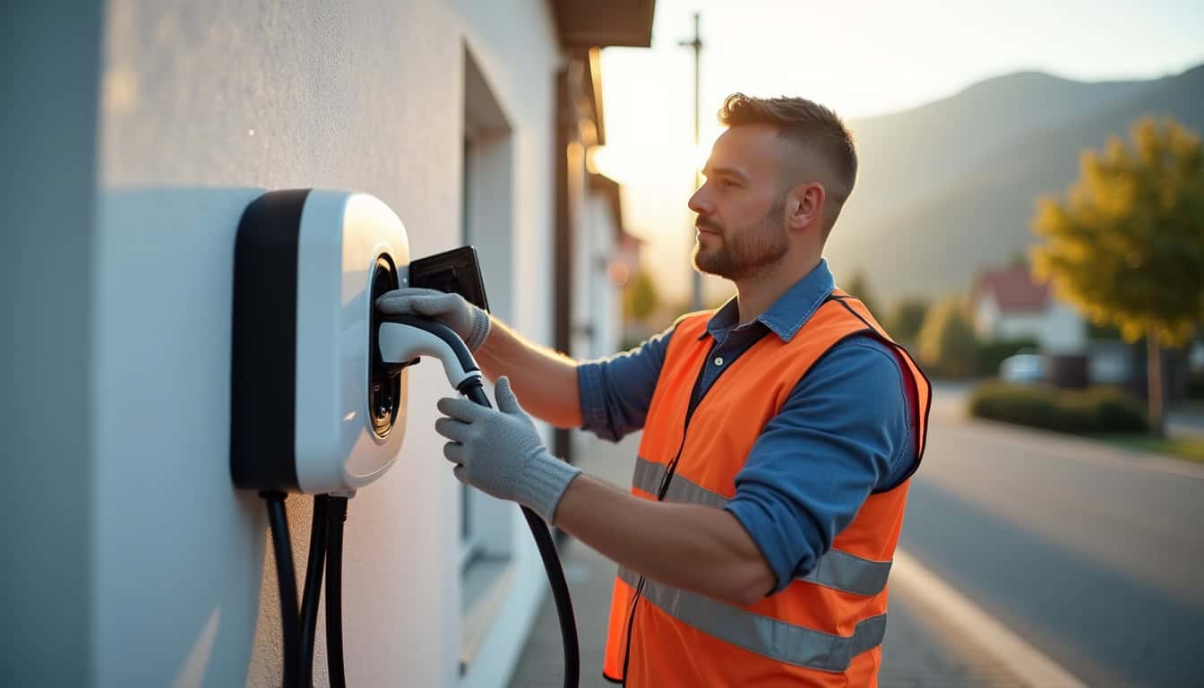 Électricien professionnel en train d'installer une borne de recharge à Schlierbach