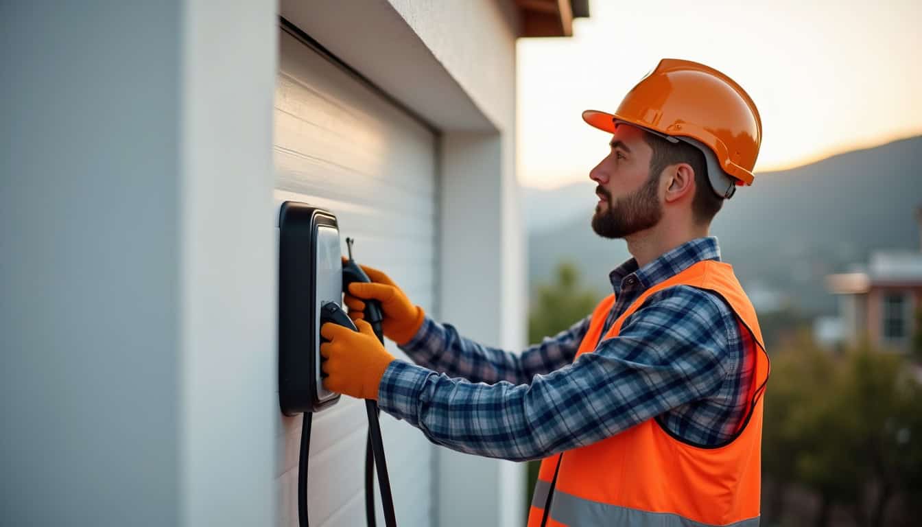 Électricien qualifié en train d'installer une borne de recharge à Annonay