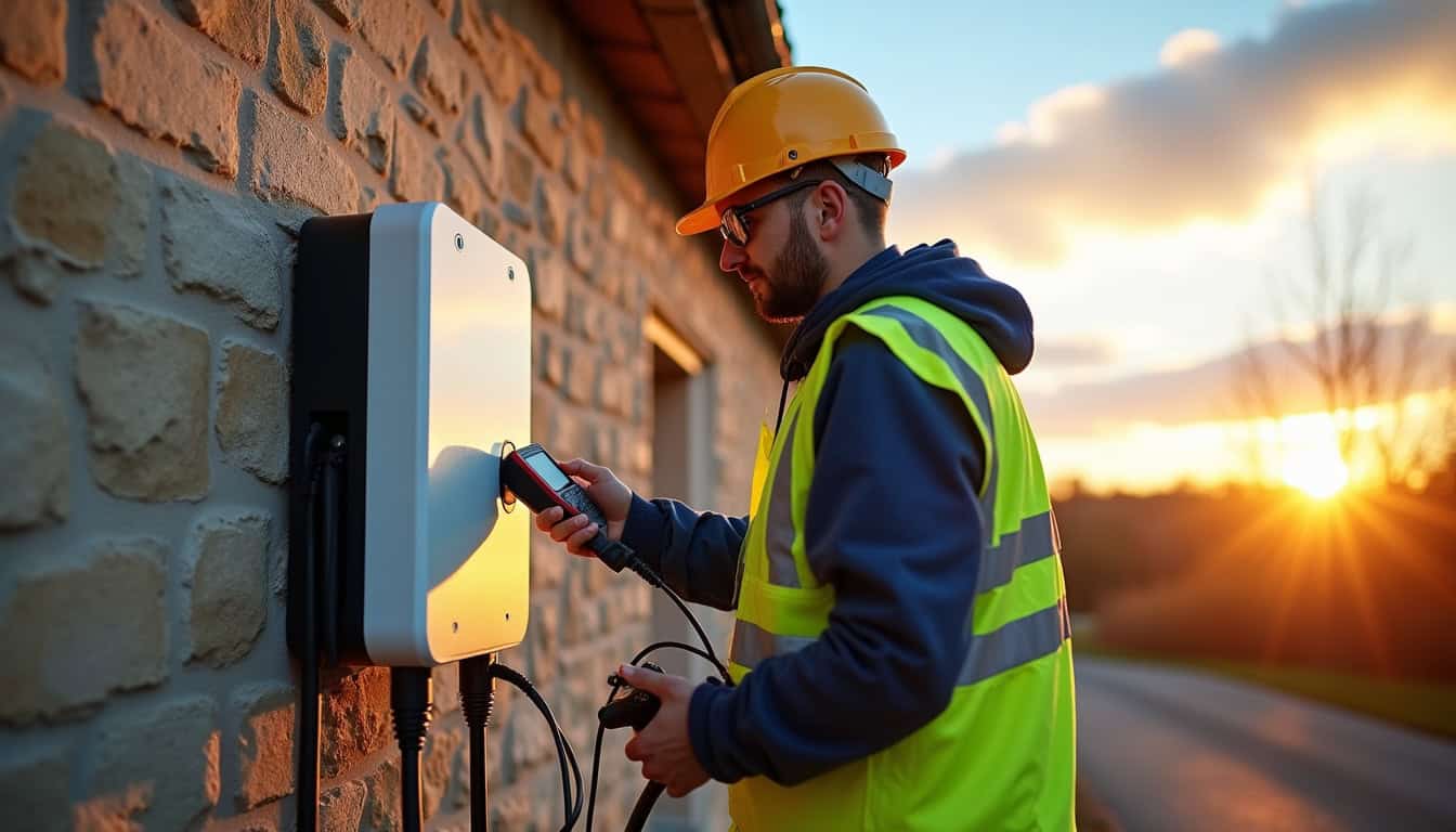 Électricien qualifié IRVE en train de tester une borne de recharge