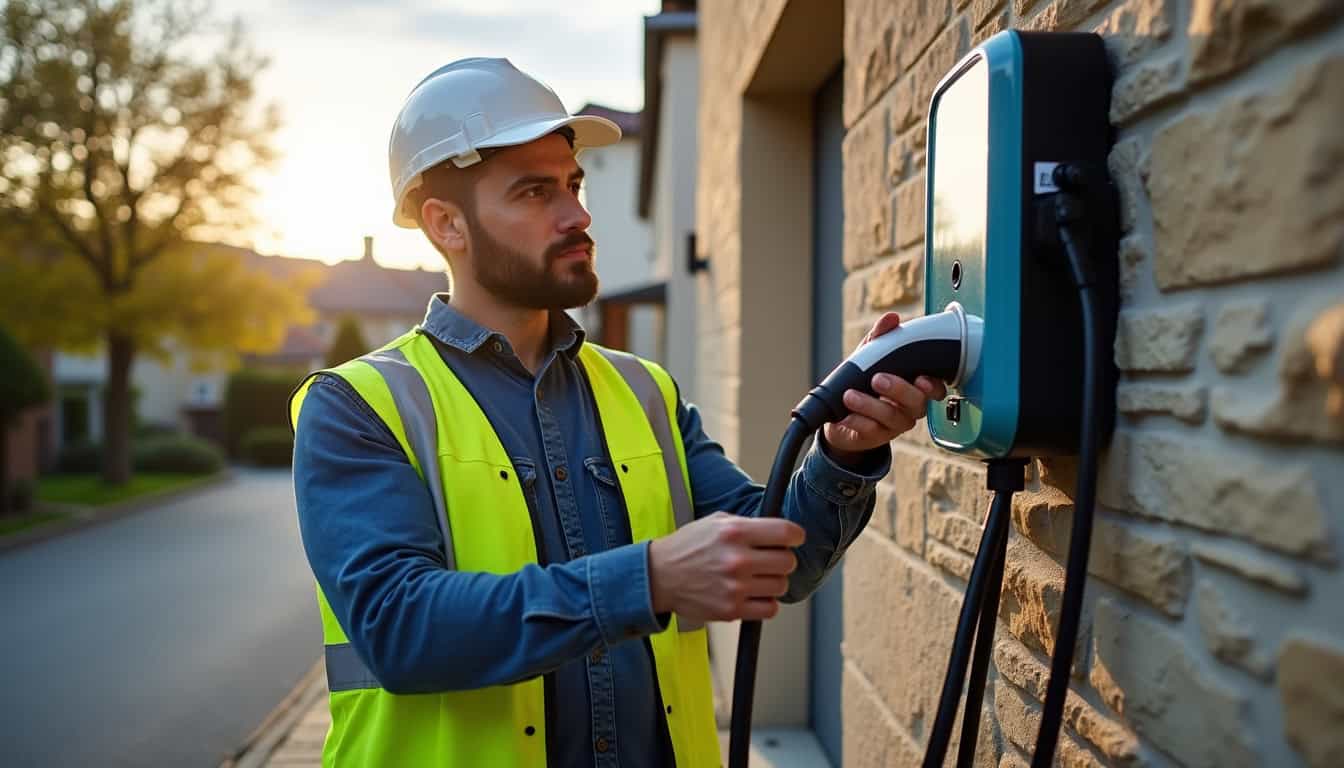 Électricien qualifié IRVE en train d’installer une borne à Pléguien