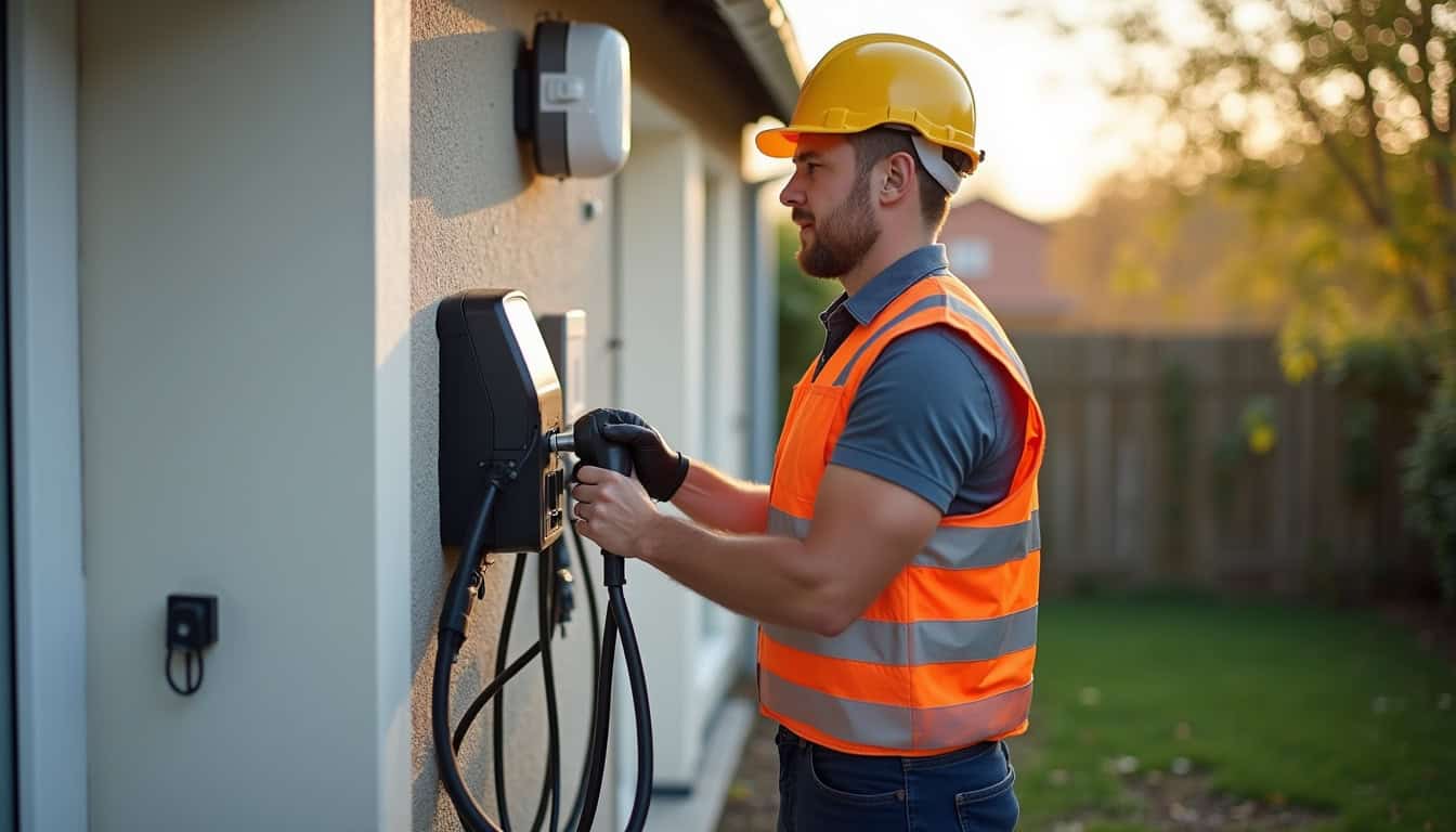 Électricien qualifié IRVE en train d'installer une borne de recharge dans une maison à La Meilleraie-Tillay