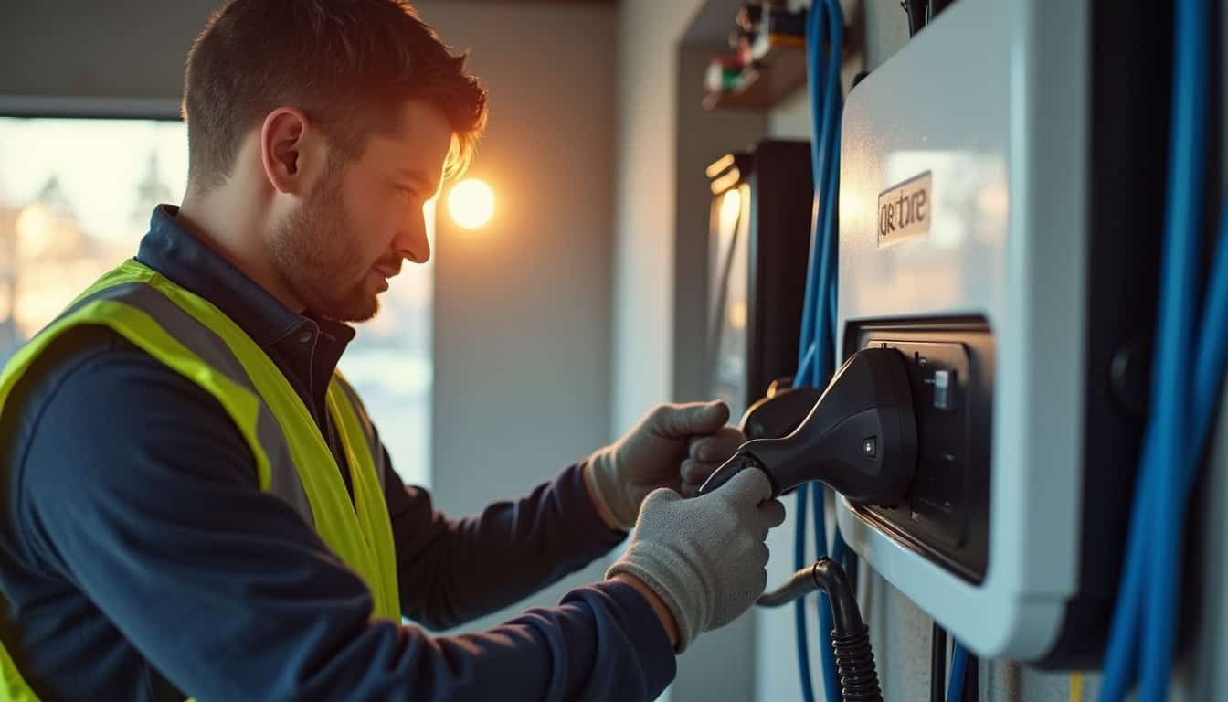 Électricien qualifié IRVE en train d'installer une borne de recharge électrique dans un garage à Saint-Nicolas-de-Port