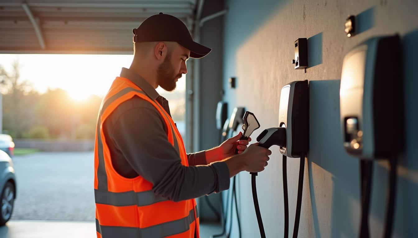 Électricien qualifié IRVE installant une borne de recharge dans un garage à Wervicq-Sud
