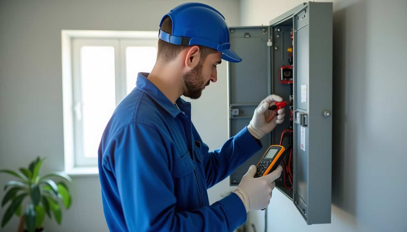 Électricien réalisant un diagnostic électrique avant installation d