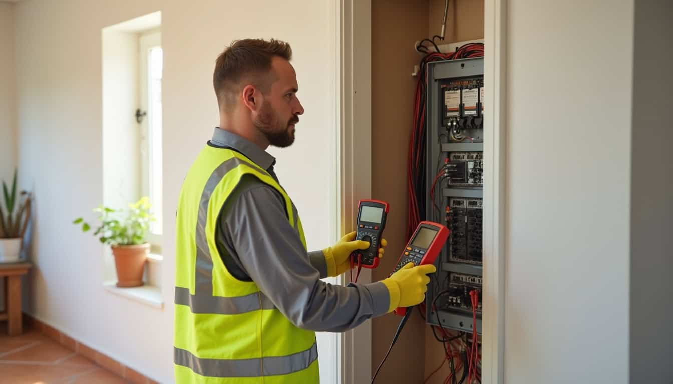 Électricien réalisant un diagnostic électrique avant installation d