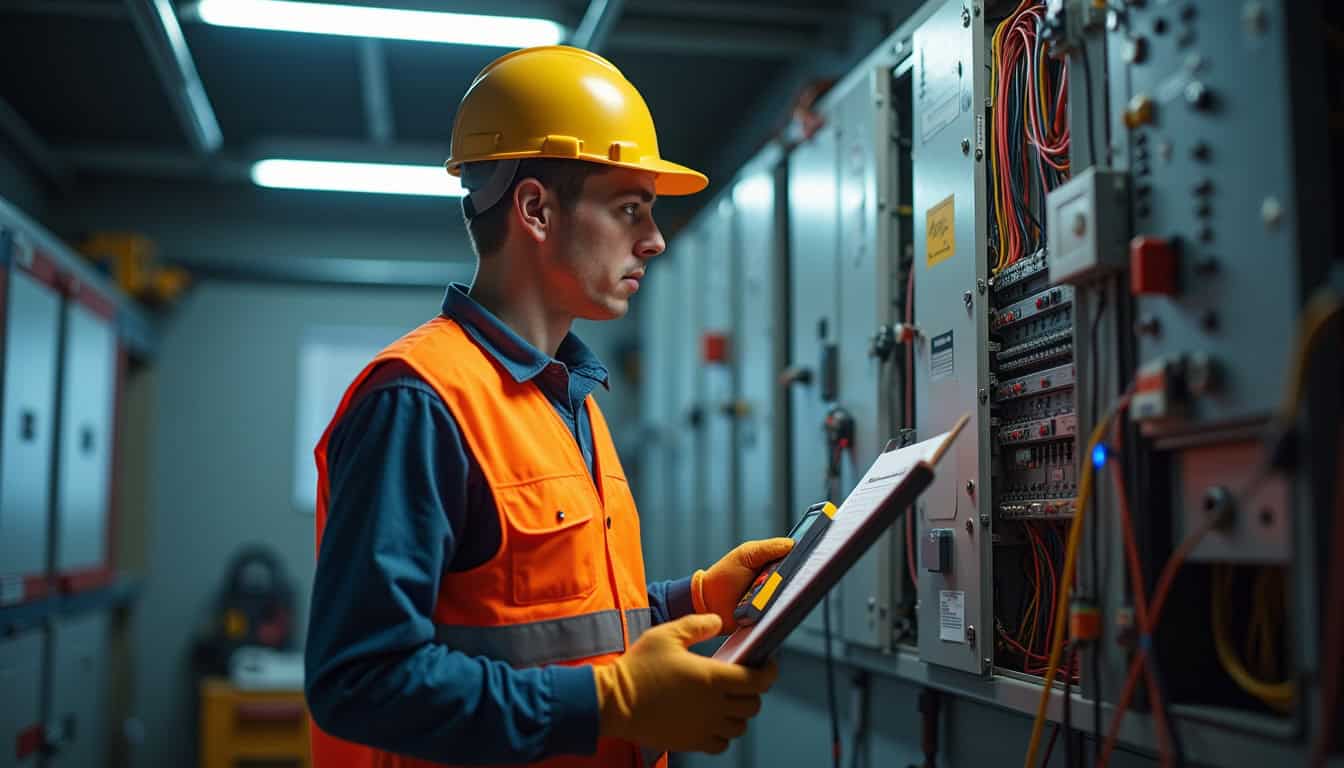 Électricien réalisant un diagnostic électrique avant l'installation d'une borne de recharge