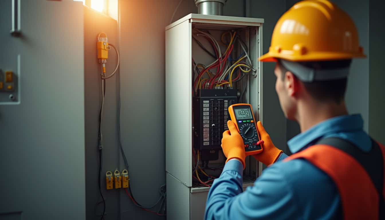 Électricien testant le tableau électrique lors d