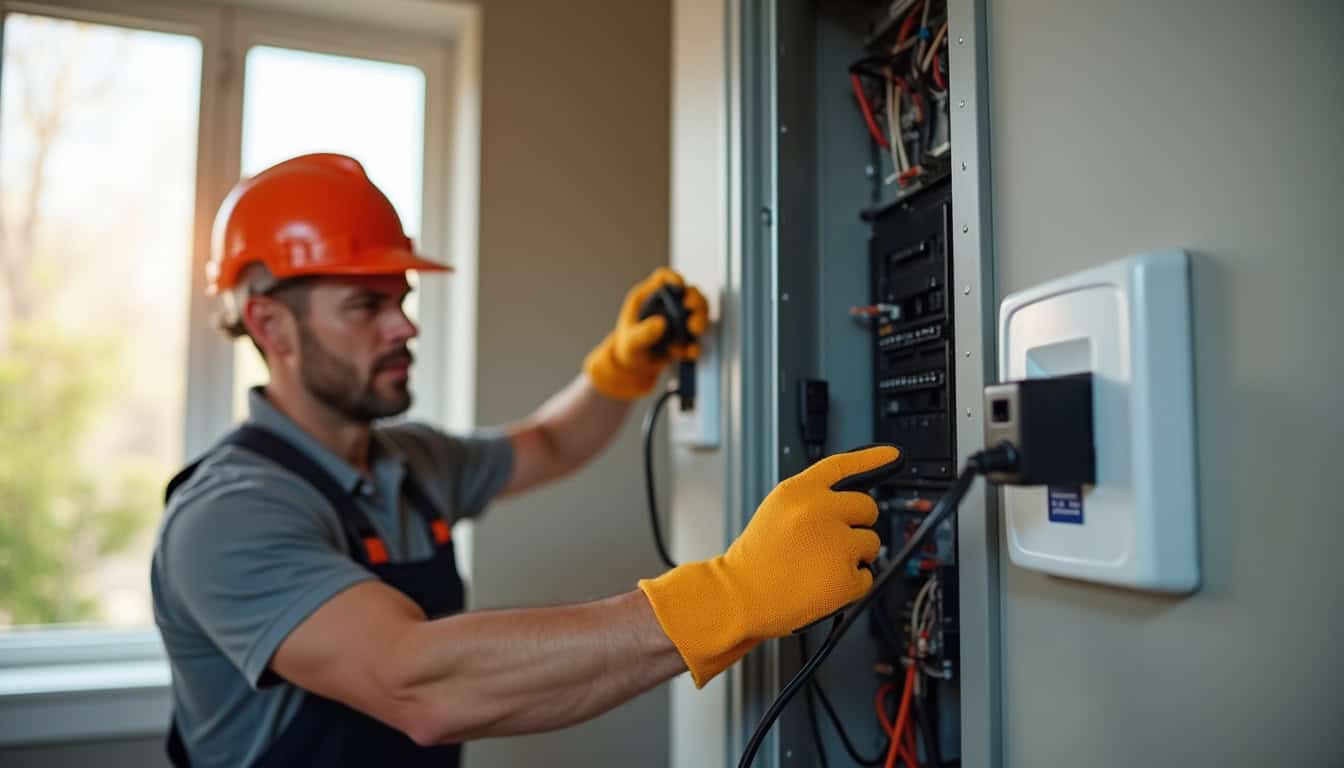 Électricien vérifiant le tableau électrique avant installation d'une borne de recharge