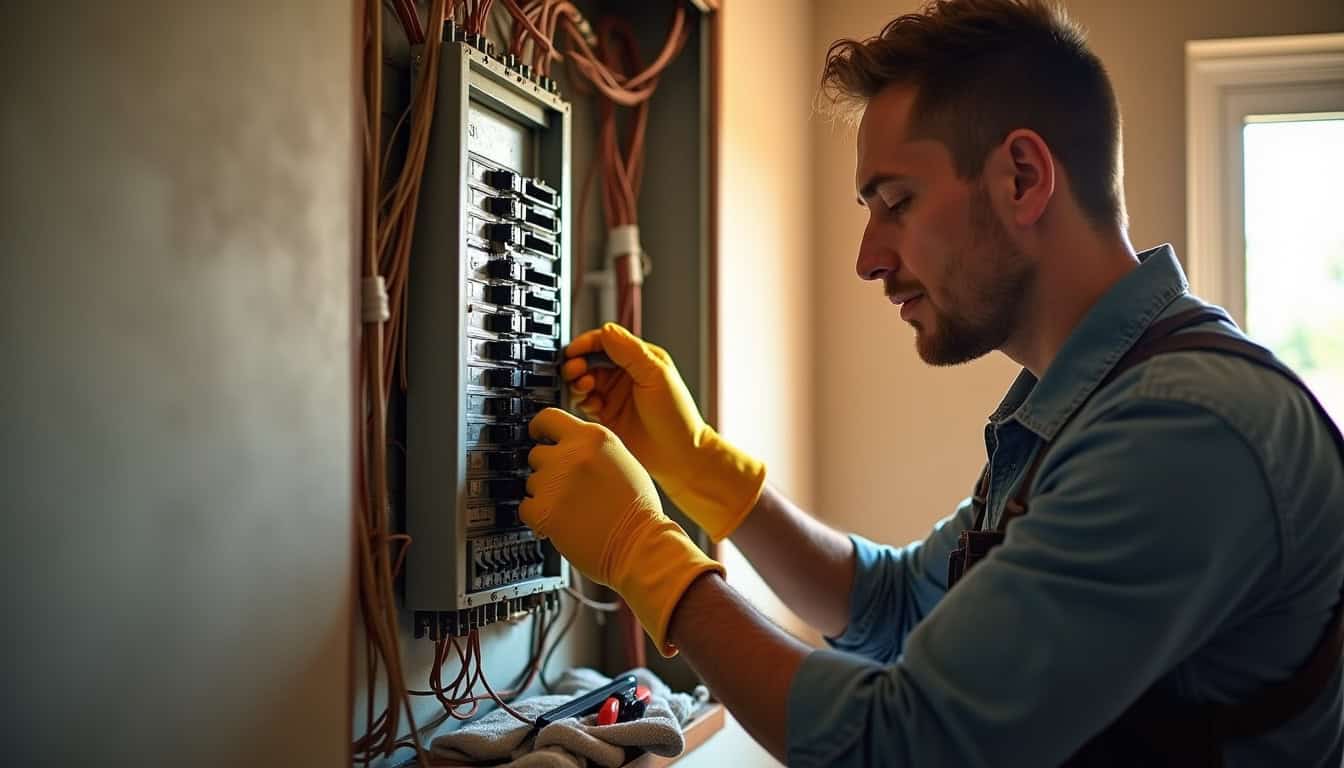 Électricien vérifiant le tableau électrique pour installer une borne de recharge à Ennezat