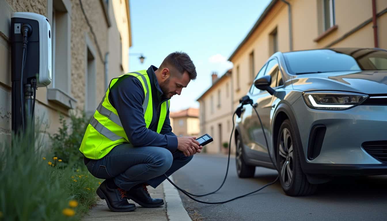 Électricien vérifiant les connexions d'une borne de recharge à Mur-sur-Allier