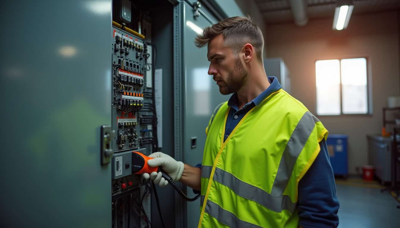 Électricien vérifiant un tableau électrique avant installation d