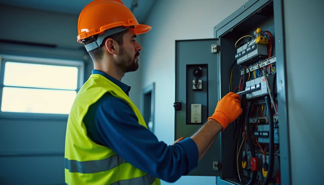 Électricien vérifiant un tableau électrique avant installation d'une borne de recharge