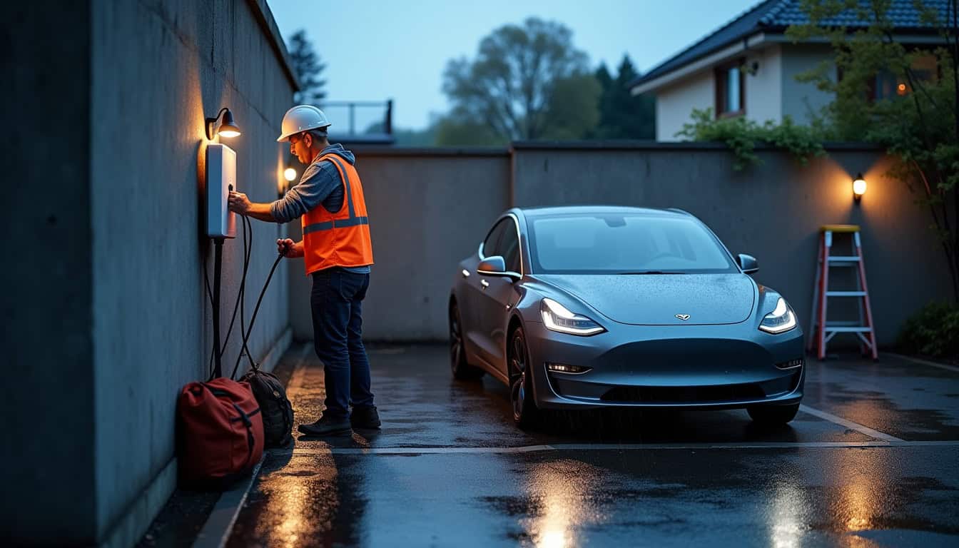 Entrepreneur en train d'installer une borne de recharge électrique sur un parking privé