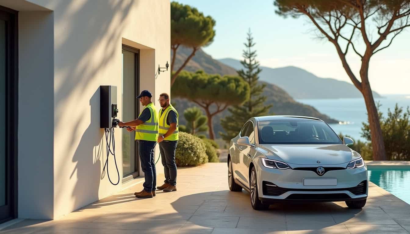 Équipe d'électriciens certifiés IRVE en intervention pour l'installation d'une borne de recharge dans une villa du Golfe