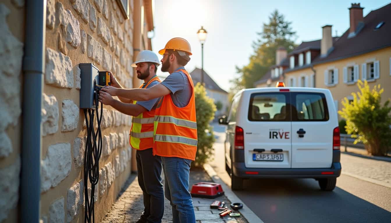 Équipe d'électriciens en train d'installer une borne de recharge à Toulon-sur-Allier
