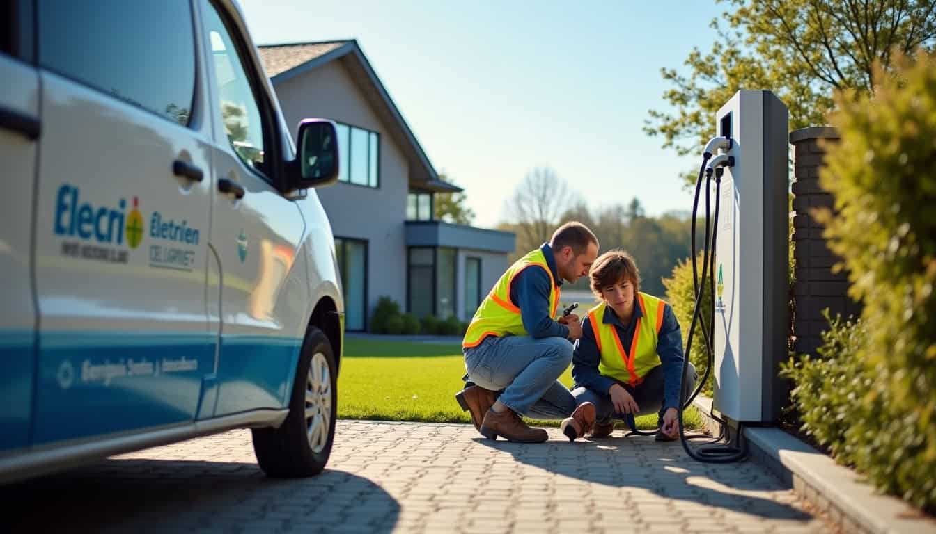 Équipe d’électriciens en train d’installer une borne de recharge électrique devant une maison à Niederhergheim