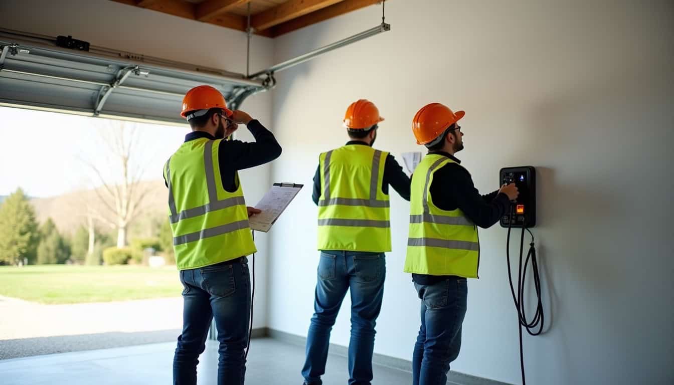 Équipe d'installateurs certifiés IRVE en train de poser une borne à Champeix