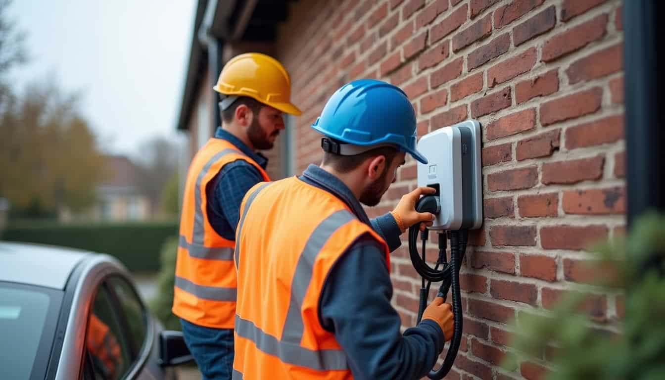 Équipe d’installateurs certifiés IRVE en train de poser une borne de recharge à Saint-Berthevin