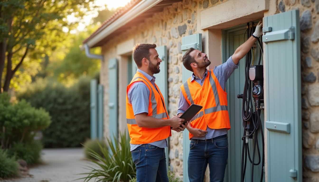 Équipe d'installateurs certifiés IRVE lors d'une intervention à domicile à La Tour-d'Aigues