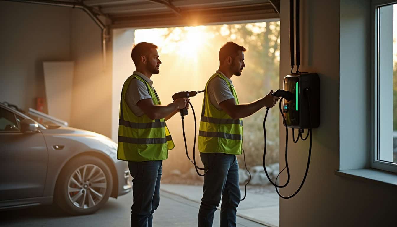 Équipe d'installateurs en train de poser une borne de recharge à Nomeny