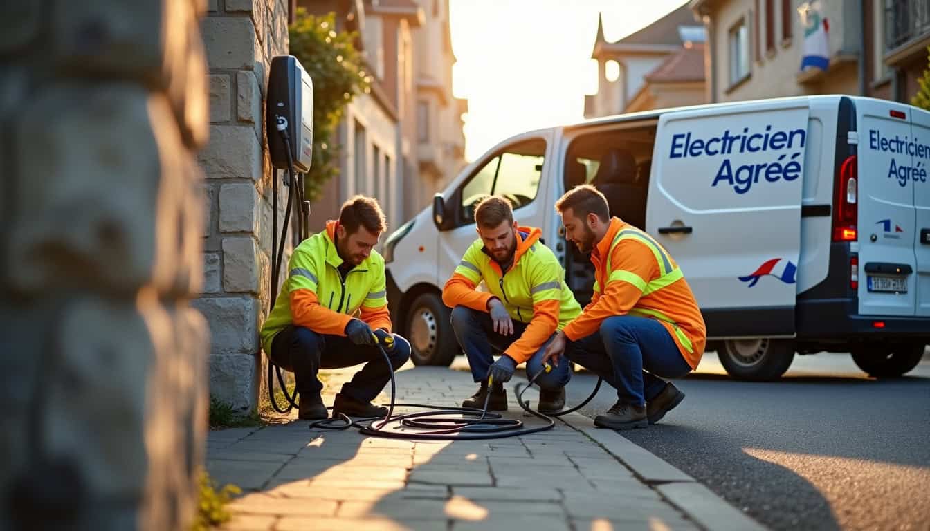 Équipe d’installateurs en train de poser une borne de recharge électrique à Saint-Loup-de-Varennes