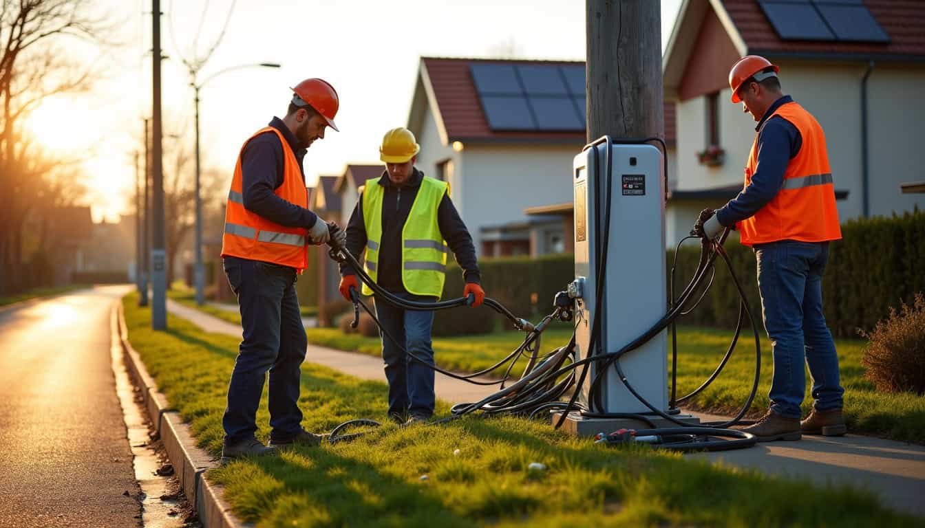 Équipe en train de poser une ligne électrique dédiée pour une borne de recharge à Saint-Loubès