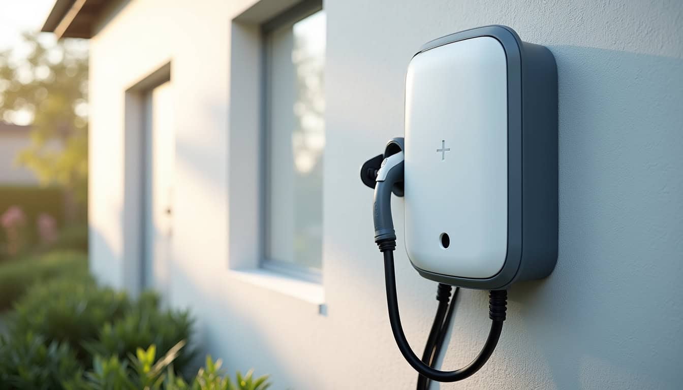 Exemple de borne de recharge domestique installée sur un mur extérieur