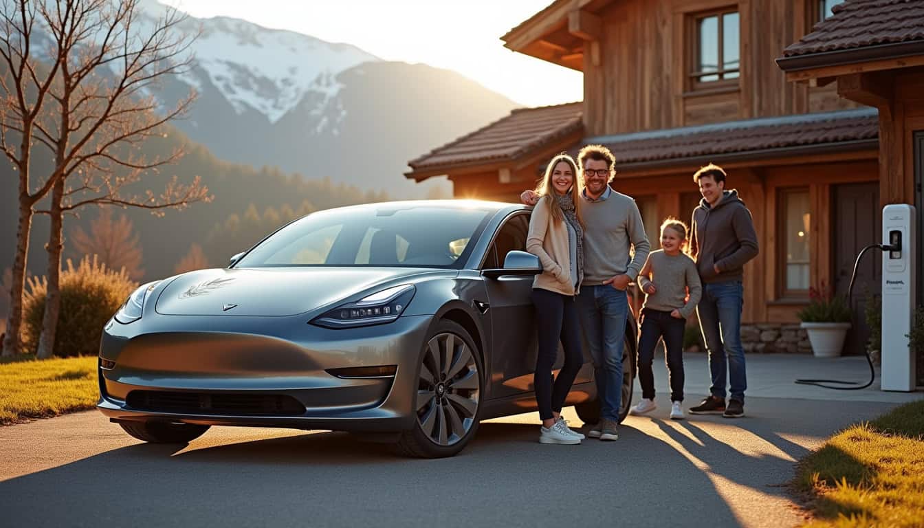 Famille devant leur voiture électrique chargée grâce à une borne installée à domicile à Tarascon-sur-Ariège