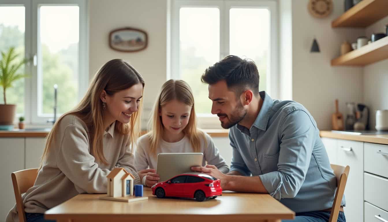 Famille discutant des besoins de recharge pour leur véhicule électrique à domicile