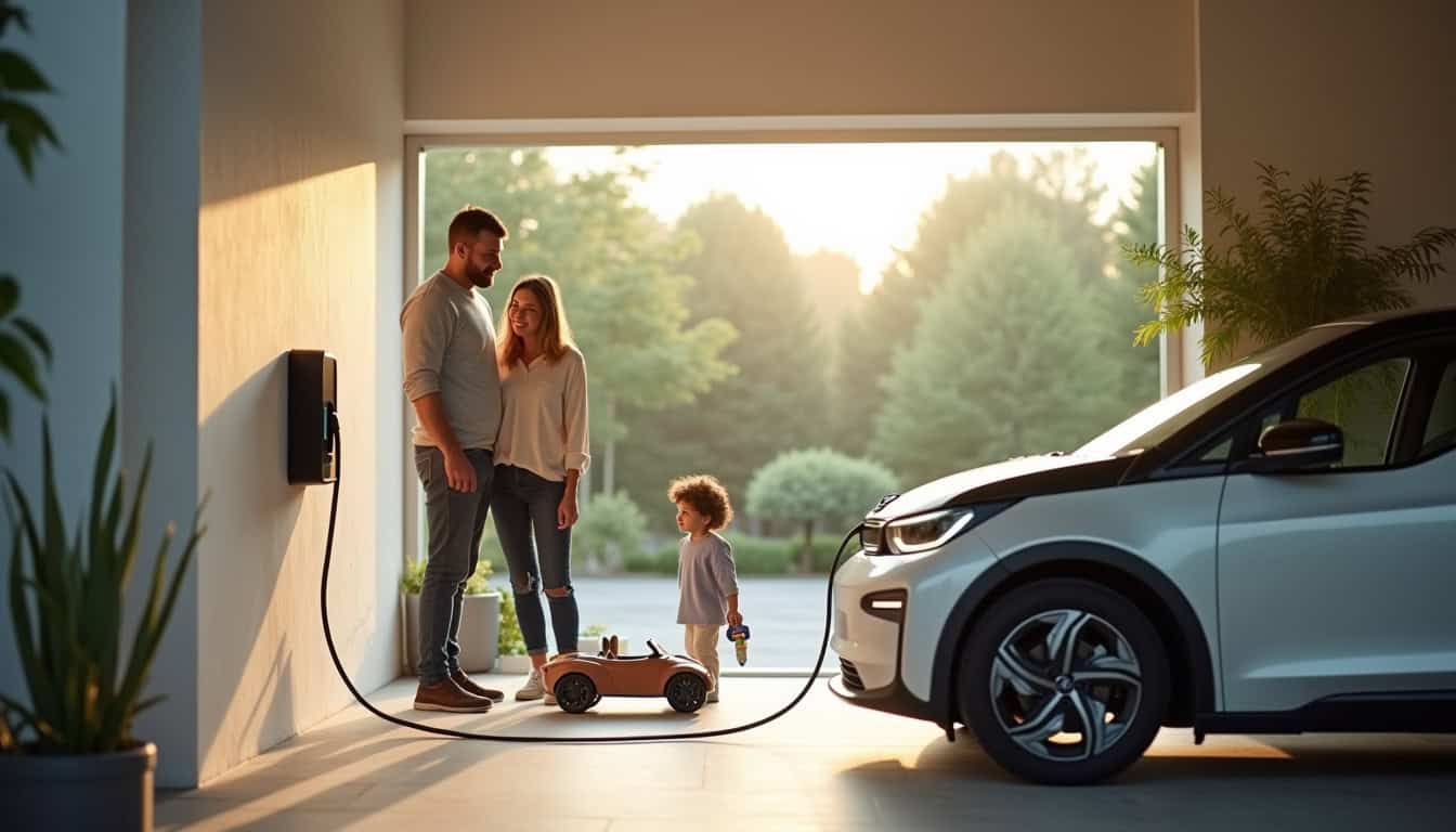 Famille utilisant une borne de recharge électrique à domicile à Issy-les-Moulineaux