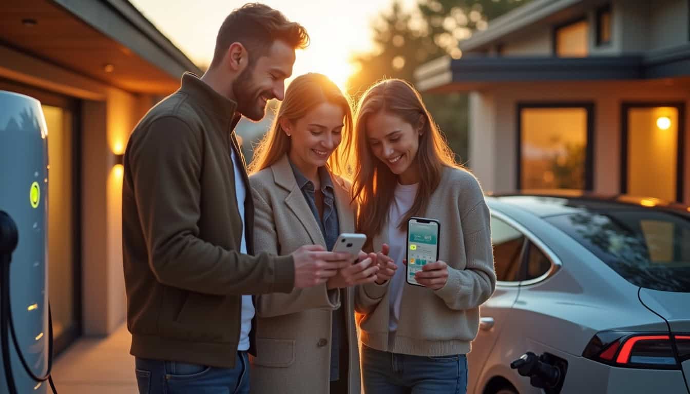 Famille utilisant une borne de recharge électrique intelligente depuis une application mobile