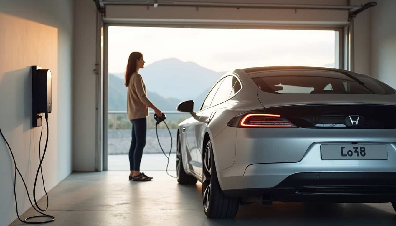 Femme rechargeant sa voiture électrique dans un garage à Montbron