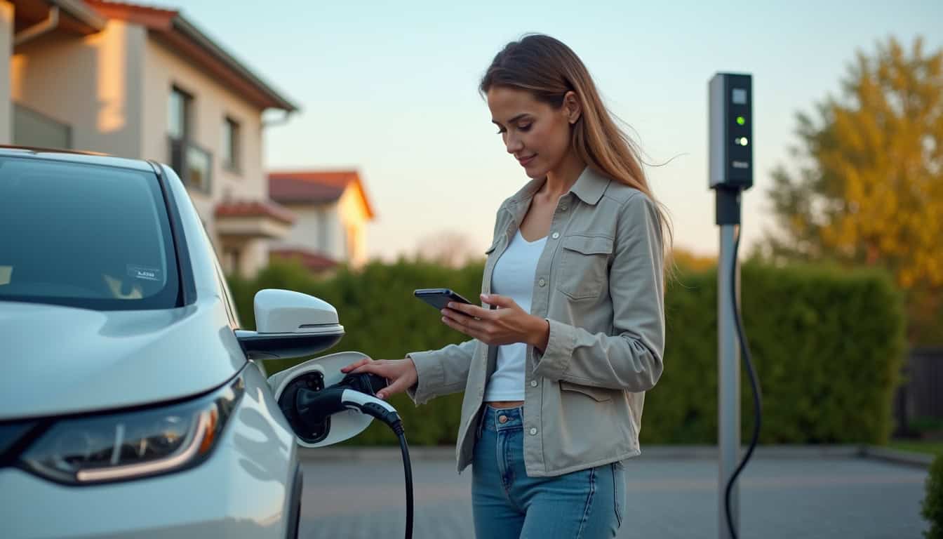 Femme utilisant une borne de recharge électrique connectée via une application smartphone