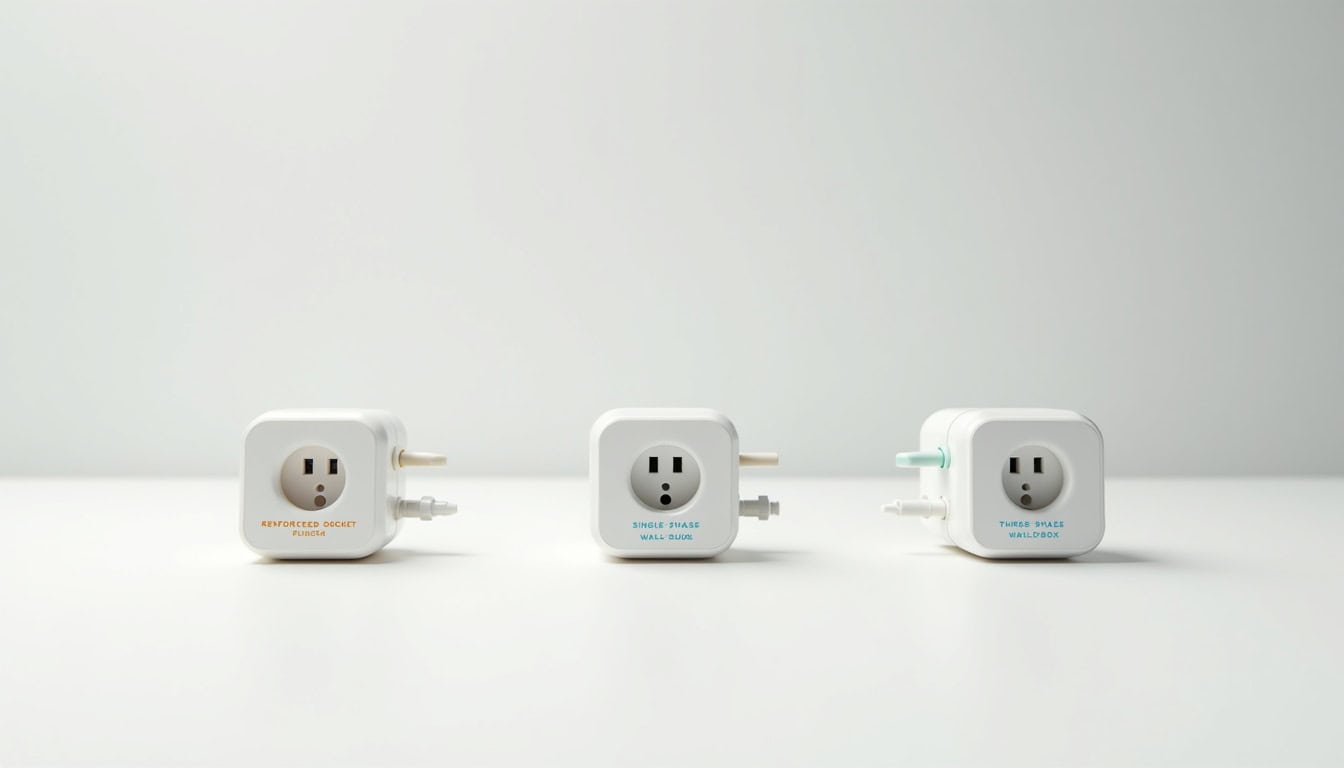 Illustration des différents types de bornes de recharge électrique: prise renforcée, wallbox monophasée, wallbox triphasée