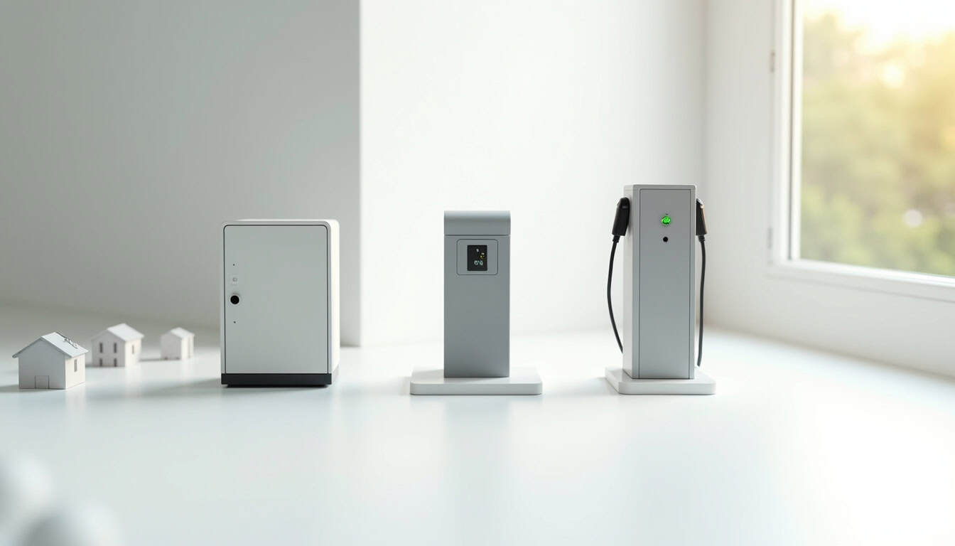 Illustration des différents types de bornes de recharge électrique: wallbox domestique, borne en copropriété, borne entreprise