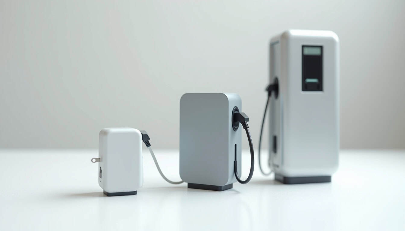 Illustration des différents types de bornes de recharge: niveau 1, niveau 2 et recharge rapide
