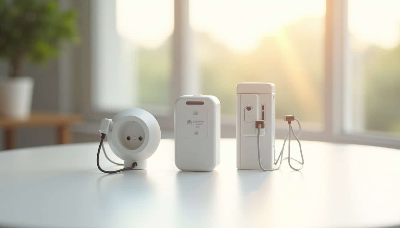 Illustration des différents types de bornes de recharge pour véhicule électrique: prise renforcée, wallbox et borne rapide
