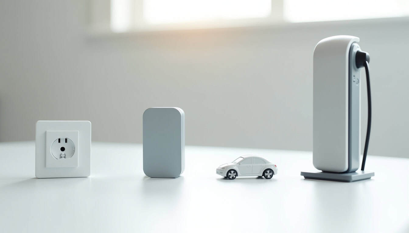 Illustration des différents types de bornes de recharge: prise domestique, wallbox, borne sur pied et borne rapide