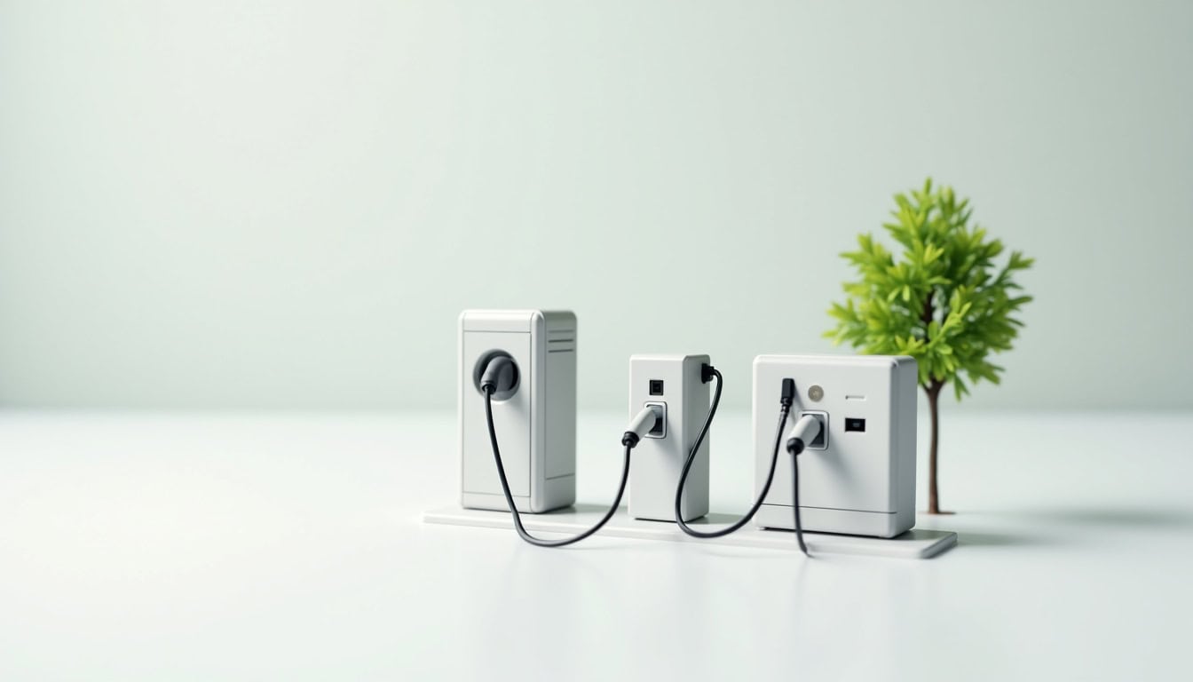 Illustration des différents types de bornes de recharge: prise renforcée, wallbox 7 kW, triphasée 22 kW
