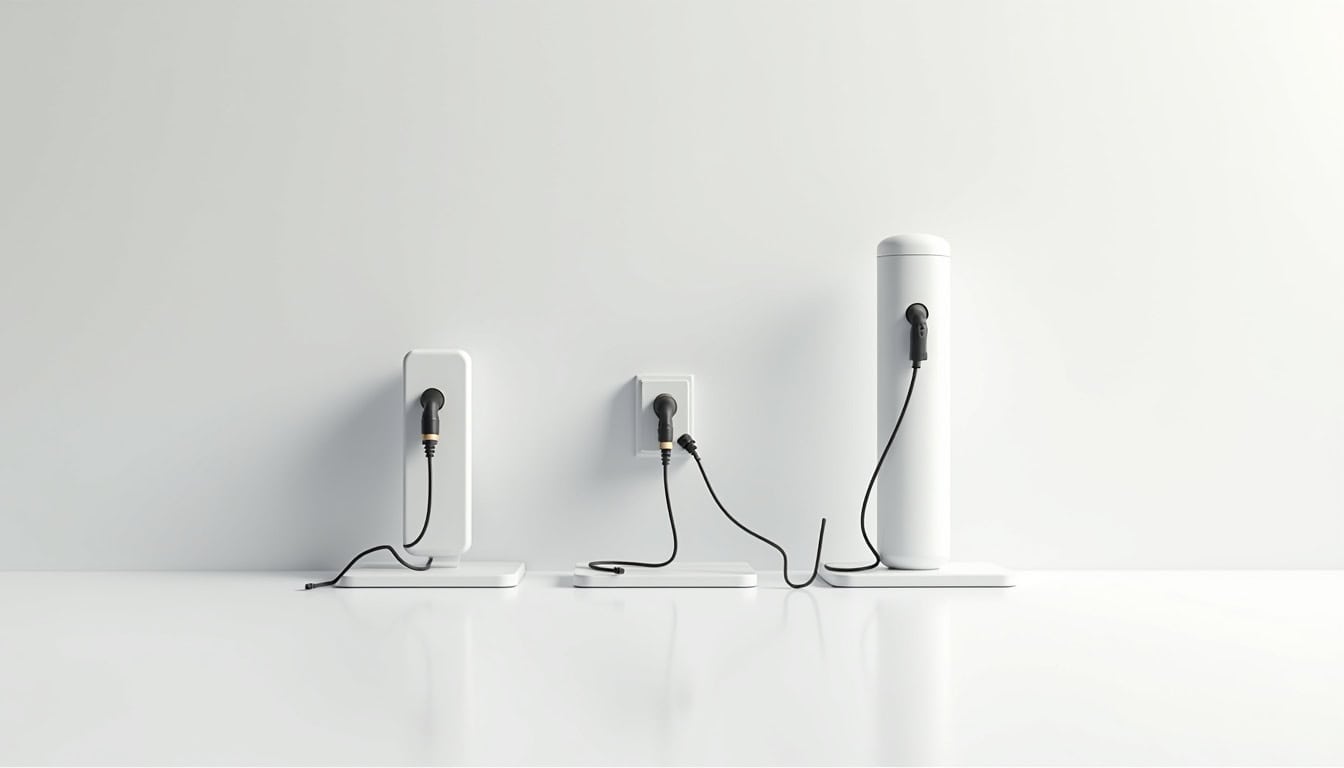 Illustration des différents types de bornes de recharge: wallbox, prise renforcée, borne collective
