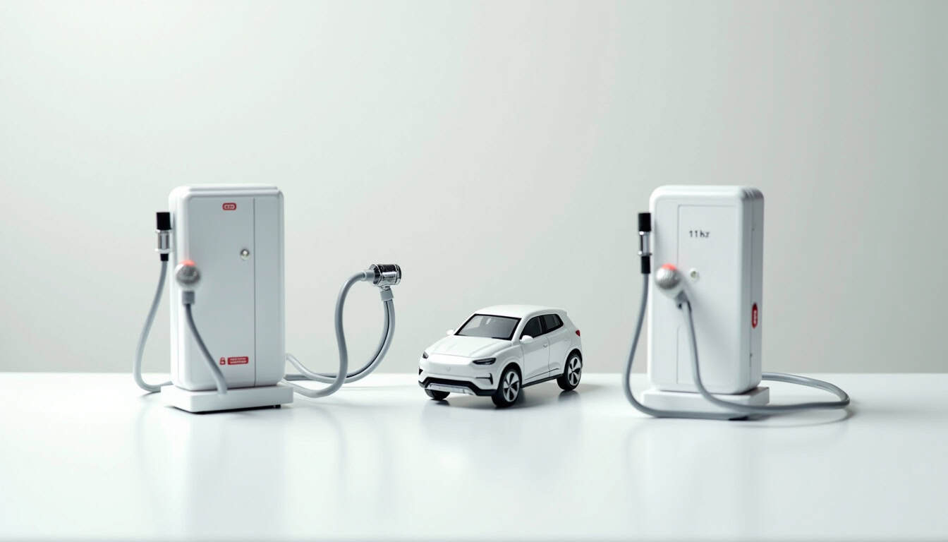 Illustration des différents types de bornes électriques disponibles à Bertrange: prise renforcée, wallbox 7 kW, wallbox 11 kW