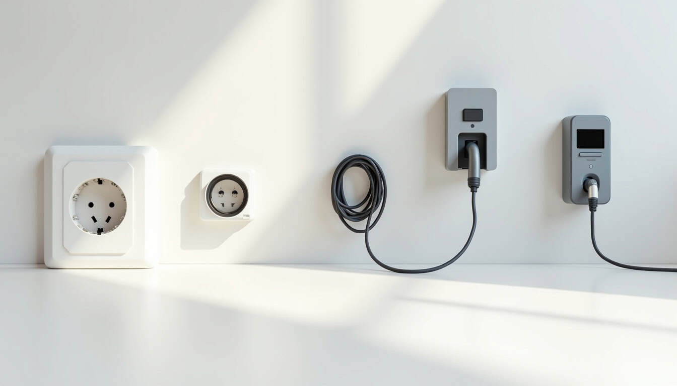 Illustration des différents types de bornes électriques: prise renforcée, wallbox, borne publique