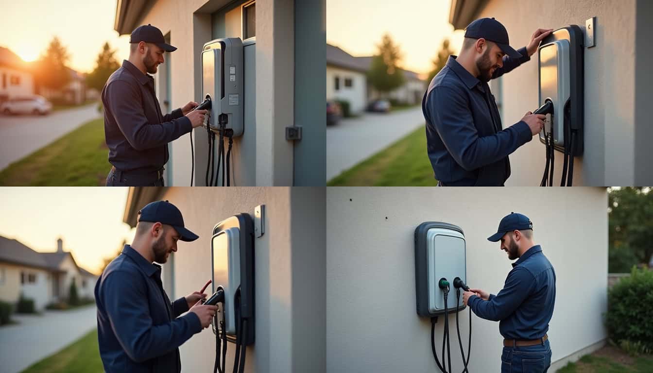 Illustration des étapes d'installation d'une borne de recharge à Bagard: diagnostic électrique, pose du boîtier, raccordement au tableau, mise en service