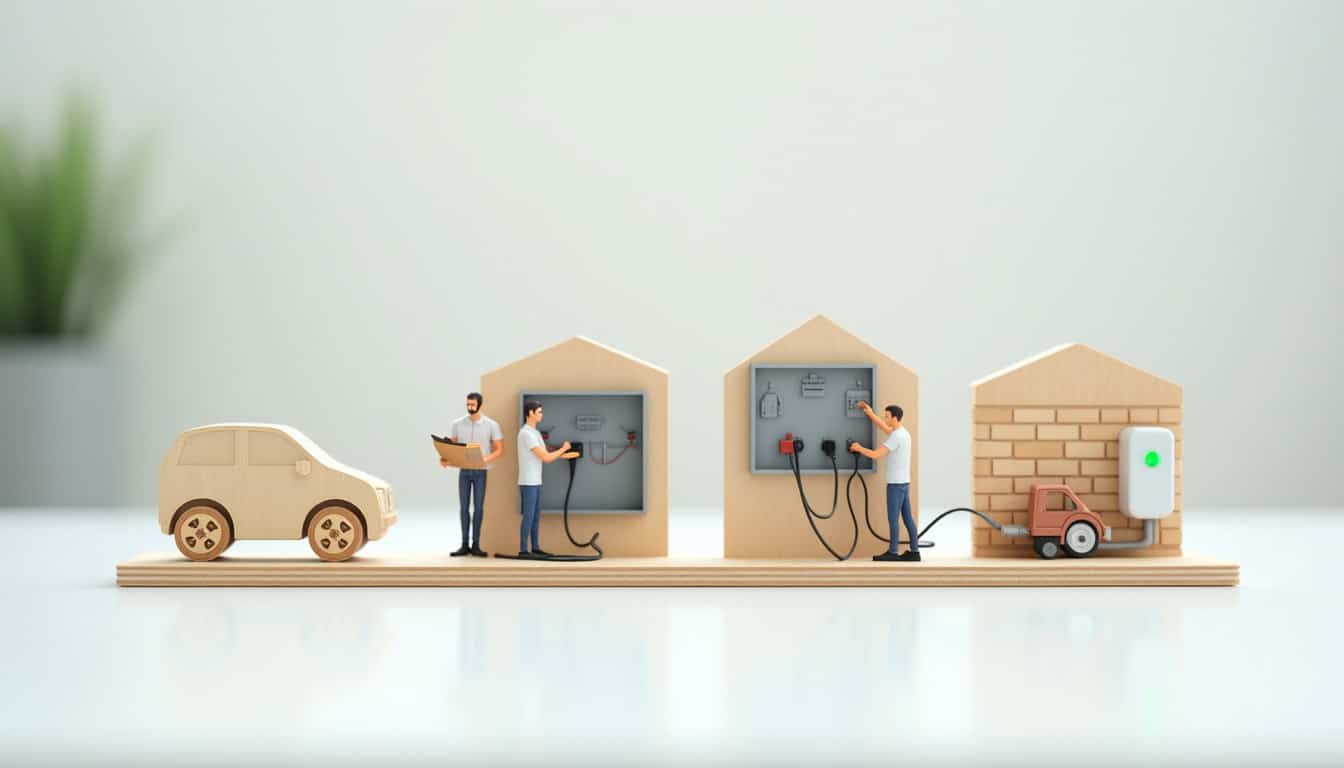 Illustration des étapes d'installation d'une borne de recharge: diagnostic, câblage, pose de la wallbox et mise en service