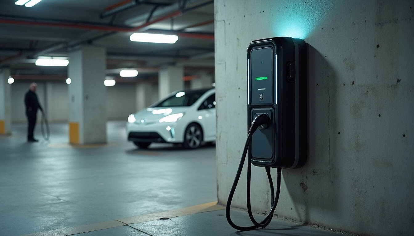 Illustration d'une borne de recharge installée dans un parking en copropriété à Cast