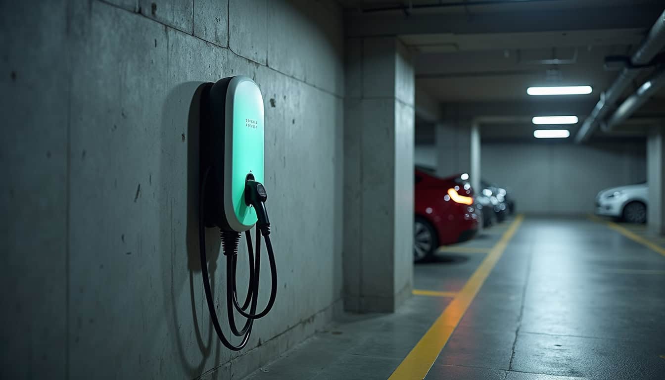 Illustration d'une borne de recharge installée dans un parking souterrain de copropriété à Nieppe